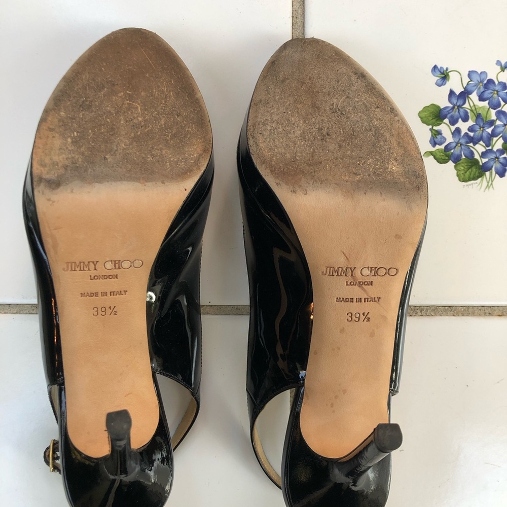 Jimmy Choo Size 39.5 9.5 Black Patent Leather Peep Toe Sling Back Heel Pumps - Picture 7 of 9